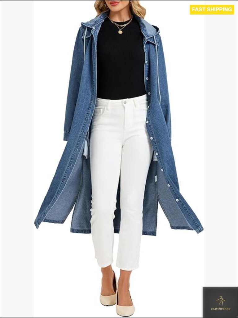 Women's Long Denim Jacket Trench Coat Oversized Hooded Drawstring Detachable